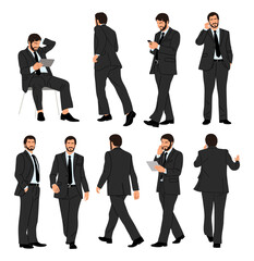 Set of business man in formal suit standing, walking , sitting in different poses, front, side, back, rear view, using phone, tablet. Flat vector illustration isolated on transparent background	

