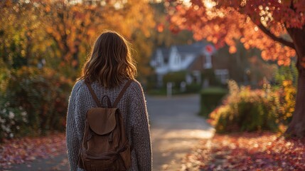 teenage girl wearing sweater carrying backpack walking to school under fall foliage, photorealistic