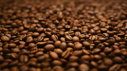 Close Up of Brown Coffee Beans in a Rich Texture and Warm Tone for Coffee Shop or Food Marketing