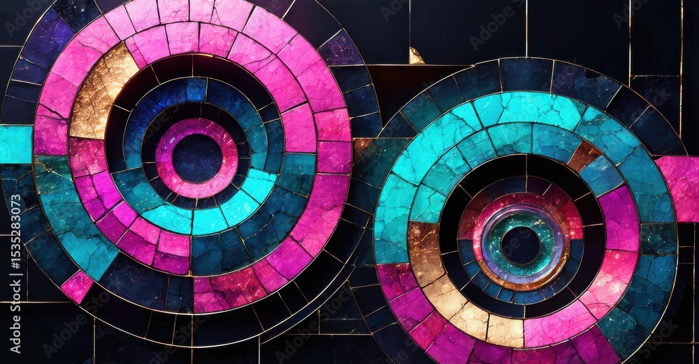 Poster Abstract mosaic patterns, vibrant colors, concentric circles. Geometric shapes create dynamic visual effect. Dark background emphasizes bright details.