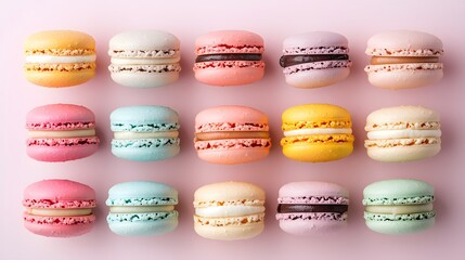 Fototapeta premium 8. Overhead view of macaron box sets with varied pastel colors and flavors