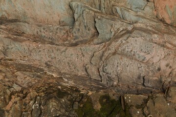 Close-up view of layered, textured rock formations with varying shades of brown, gray, and pink