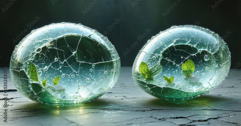 Poster two oval glass forms contain leaves, water droplets. cracks permeate surfaces, creating fragile aest