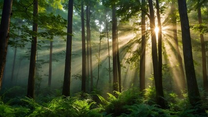Sunlight filters through a lush green forest at sunrise, with mist in the air and vibrant foliage. A peaceful, untouched natural landscape in photorealistic detail.