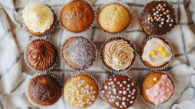 14. Flat lay of assorted muffins with sugar toppings arranged on a linen cloth