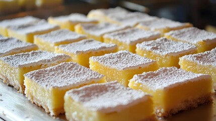 18. Display of bakery-style lemon bars with powdered sugar in uniform squares