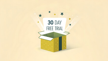 free trial 30 day vector featuring a luminous olive gift box opening to a productivity app, ultra-clean minimalist design, vibrant earthy hues, sharp vector style, pale yellow background