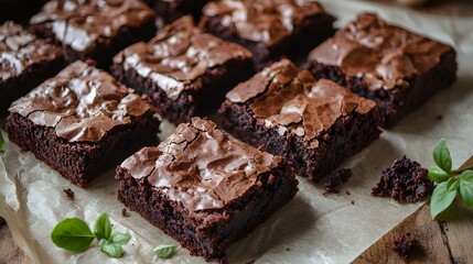 23. Flat lay of brownies with crackled tops arranged neatly on parchment