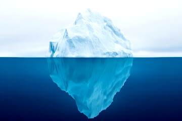 A large iceberg rises dramatically from deep blue waters, with most of its mass hidden beneath the surface in the Arctic region