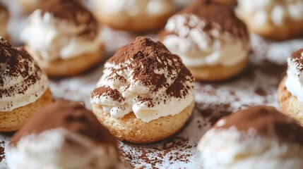 24. Close-up of cream-filled profiteroles dusted with cocoa powder