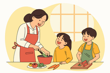 A warm family is cooking together in the kitchen. Parents and children laugh and spend quality time together. Conveying love, intimacy and healthy living.
