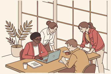 The team is working together enthusiastically in the office. The atmosphere is working together with smiles and diversity. Suitable for business media and organisational development.
