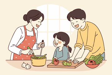 A warm family is cooking together in the kitchen. Parents and children laugh and spend quality time together. Conveying love, intimacy and healthy living.