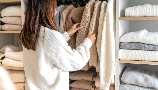 Woman choosing sweaters in a closet