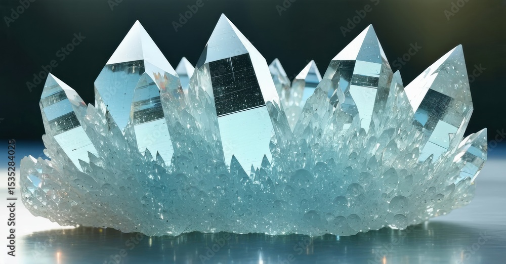 Poster crystal formation, sharp edges, translucent material. light reflects, creating bright highlights, be