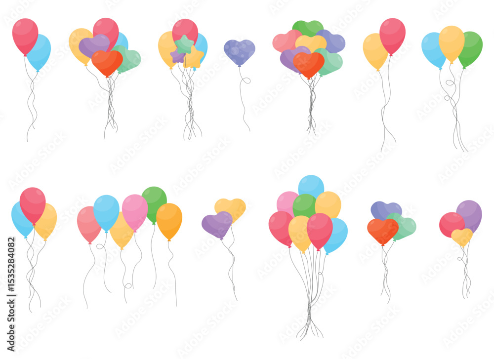 Poster an array of brightly colored balloons, some clustered in round bunches and others in heart shapes, s