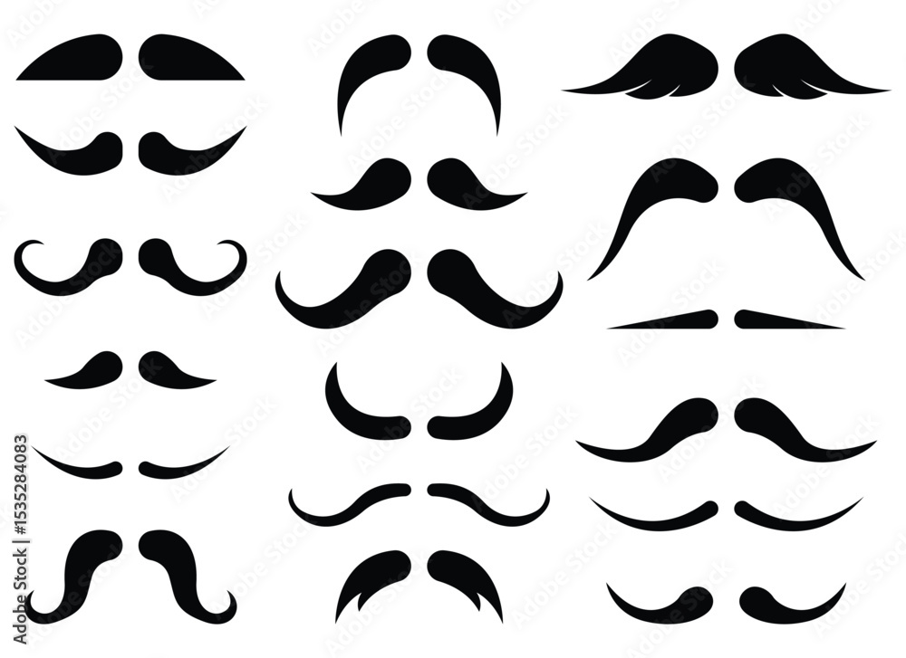 Poster a variety of mustache styles are displayed in silhouette. each mustache has a unique shape, curl and