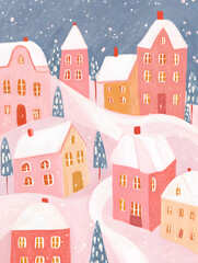 Fototapeta premium Winter Village Holiday Trendy Illustration