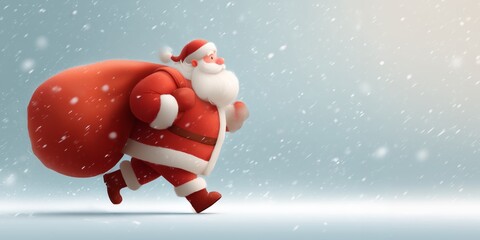 Running cartoon Santa Claus with large red sack in snowy weather. Concept of Christmas card with copy space for text and festive design for greetings