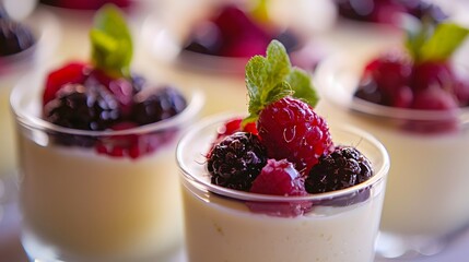 43. Detail image of panna cotta with fruit garnish in small clear jars