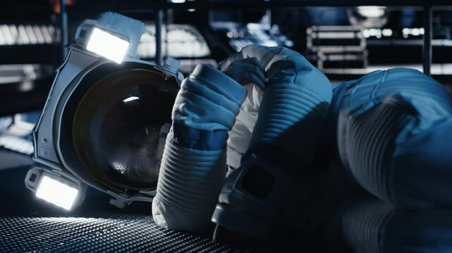 Cosmonaut collapses from sudden illness during major space station failure starting critical alert. Warning lights flashing over unconscious astronaut suffering medical crisis in spacecraft, camera B