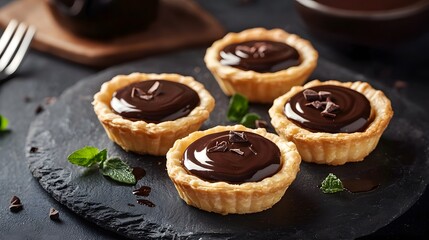 47. High-res image of pastry shells filled with chocolate ganache on a slate plate