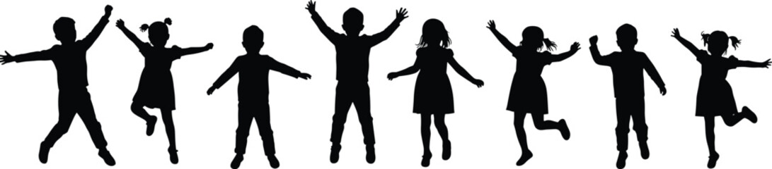 Silhouette of happy children jumping and playing, group of active kids, joyful boys and girls in motion, isolated on white background, childhood fun, energetic expression
