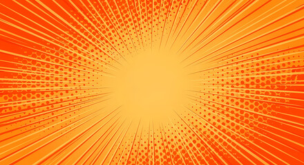 Dynamic orange comic book background with radial lines and halftone effect illustration
