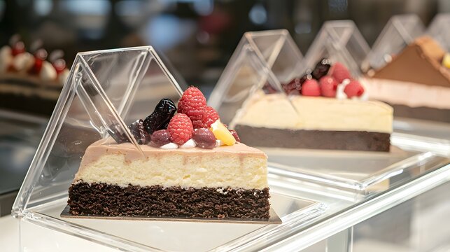 66. Retail display of cake slices in clear triangular containers
