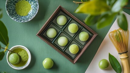 83. Studio setup of matcha flavored mochi desserts in neat packaging