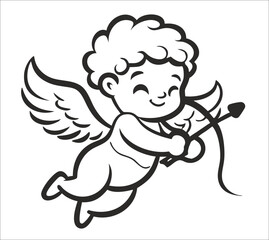 Cartoon cupid with large wings and a bow and arrow Black and white outline illustration