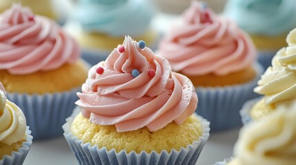 88. Close-up of sponge cupcakes with piped frosting in individual wrappers