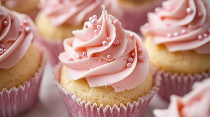 88. Close-up of sponge cupcakes with piped frosting in individual wrappers