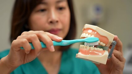 Dentist doctor showing patient how to brush teeth on plastic artificial mock-up 4k movie. Oral hygiene concept