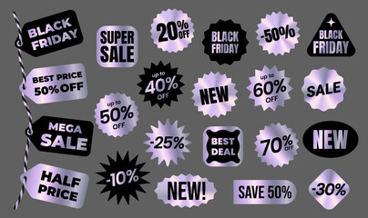 Set of realistic silver sticker, label, tag with holographic effect on twine, rope. Isolated shiny rainbow emblem, hologram 50% off, half Price, black friday,Mega Sale, Discount. Isolated Vector EPS10