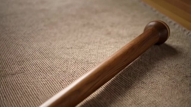 Wooden dowel rod on a tan textured surface, featuring end knob, smooth wood, and grainy textile detail for crafts or construction uses