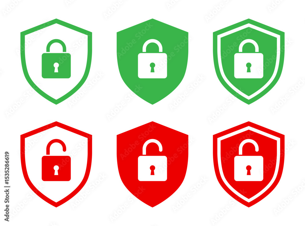 Poster lock and unlock padlock icons in green and red color. shield security symbols. privacy access protec