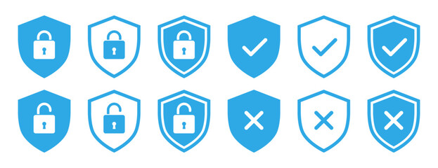 Lock, unlock, tick, cross security shield icons outline and solid vector style in blue color. Shield security symbols. Privacy access protection, outline and solid vector illustration.