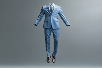 A soft blue business suit floats horizontally in the air, descending from the ceiling to the floor, appearing weightless, inhuman, real and not subject to gravity and a gray background