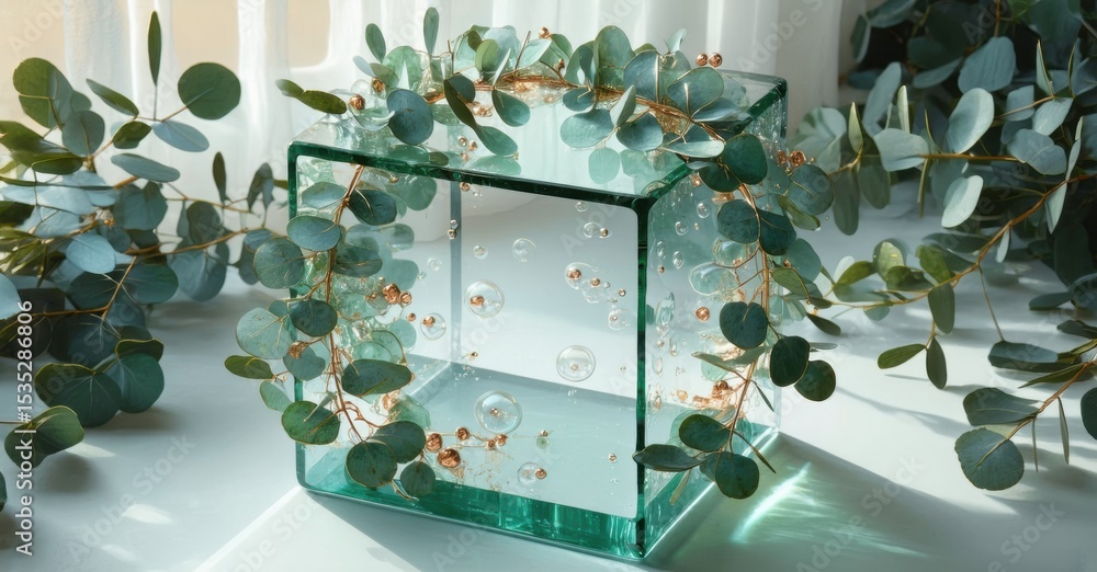 Poster glass cube contains water, bubbles. eucalyptus branches surround structure, creating soft, natural a