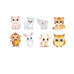 Fototapeta premium bundle of 8 funny cartoon animals - cute vektor clipart for stickers, merch, and digital projects
