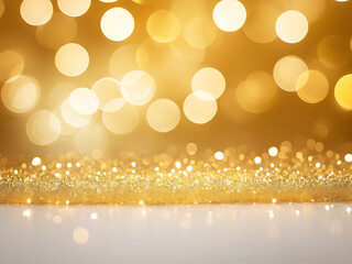 Golden abstract festive bokeh background with soft glowing lights, elegant texture, modern design pattern, and vibrant warm colour tones for wallpaper or template use – AI