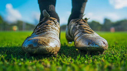 Close-up of worn cleats stepping into position on a grassy field