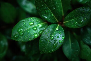 Fototapeta premium Close up of water droplets on lush green leaves showcasing nature's vibrant essence for environmental initiatives and ecological designs