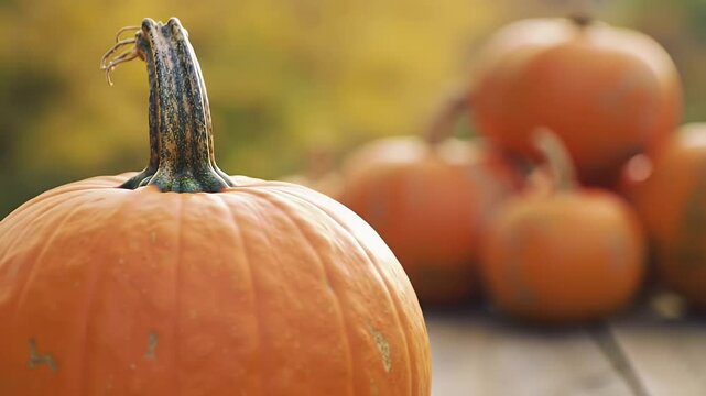 Close Up of Vibrant Orange Pumpkins with Autumnal Blurred Background in Soft Natural Lighting