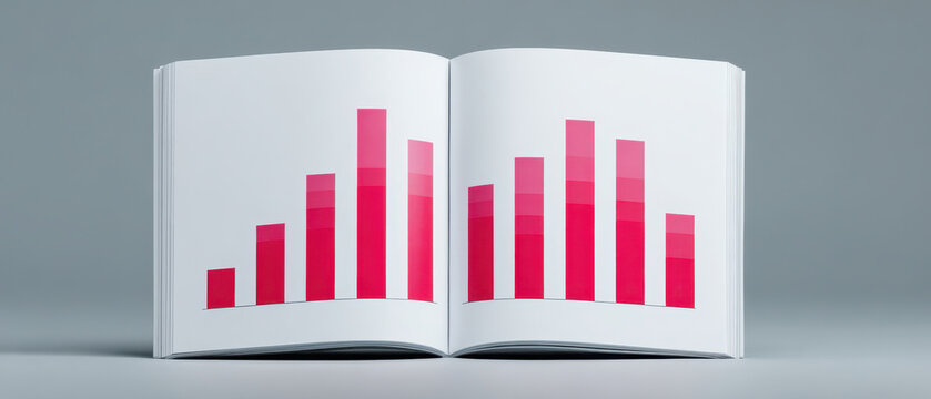 Open book with red bar graph chart on white pages showing business data analysis and financial report - Powered by Adobe