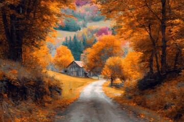 Rustic autumn scenery with colorful leaves enveloping a peaceful rural pathway