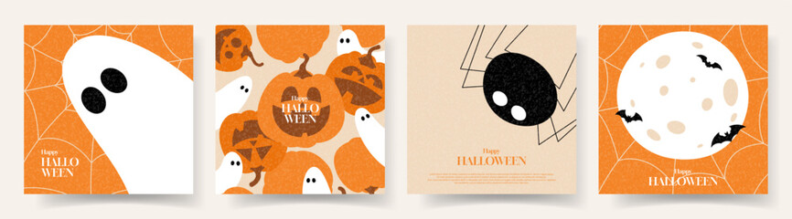 Happy Halloween trendy cards. Vector illustration with pumpkins, ghosts, spider, moon, bats. Flat cartoon Halloween banners. Trendy backgrounds for cover, banner, card, social media, event.