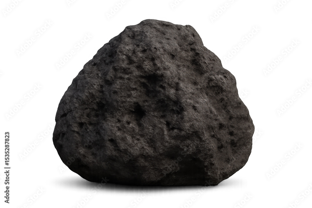 Poster photorealistic 3d rendering of a dark gray rock isolated on transparent background, casting a subtle