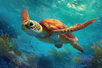 Fototapeta premium A cheerful sea turtle swimming gracefully in colorful ocean waves, ideal for marine biology projects and children's educational materials